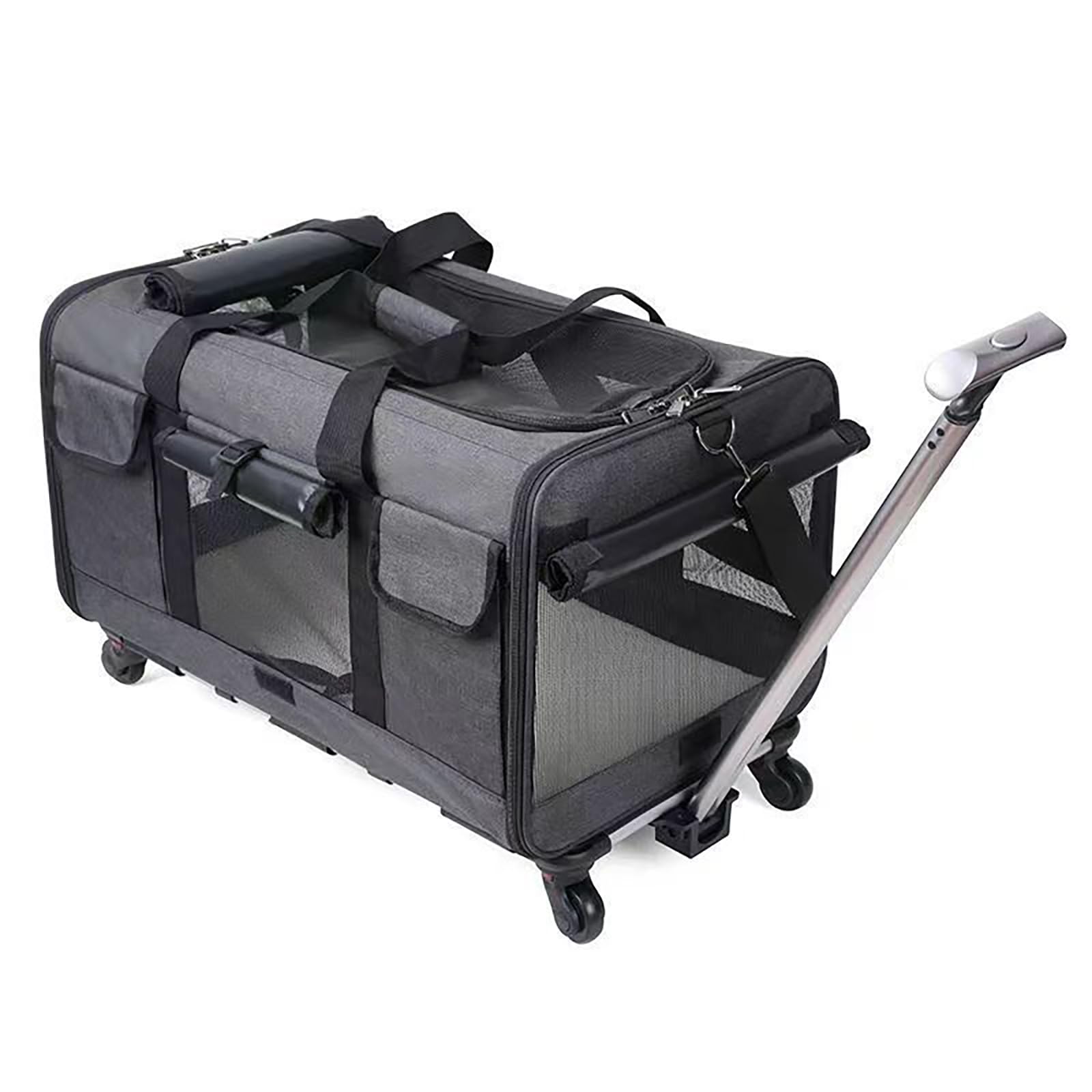 Extra Large Rolling Pet Carrier with Wheels, Adjustable Straps and Telescoping Handle, Foldable Soft-Sided Pet Crate, 40-lb Load-Bearing, Suitable for Large Cats or Two Small Cats (Dark Gray)