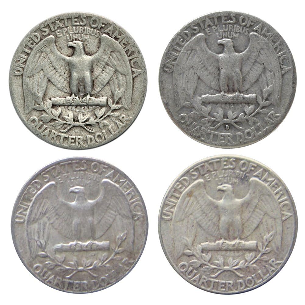 Set of Four 90% Silver Washington Quarters from United States Mint - Fine USA .25c Collectible Coins