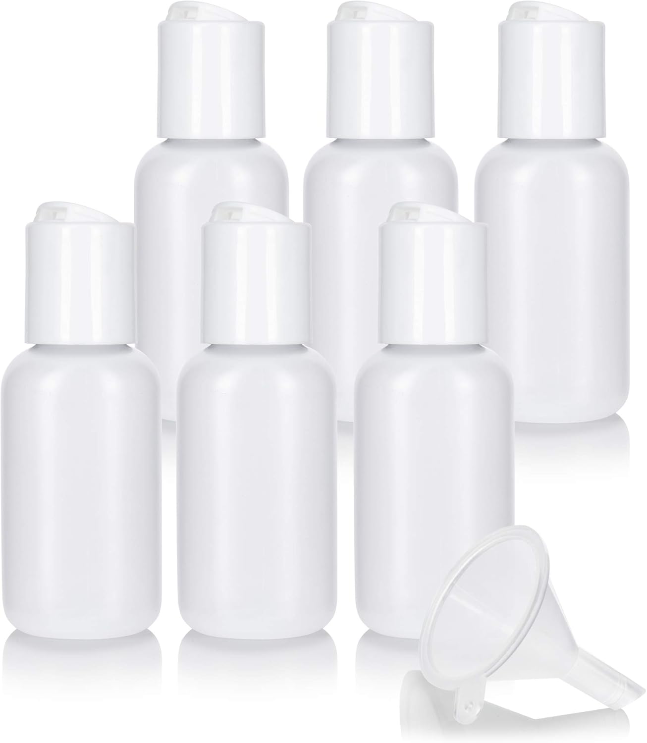JUVITUS 1 oz/ 30 ml Clear Natural Squeeze LDPE Plastic Bottle with White Disc Cap (6 pack) + Funnel