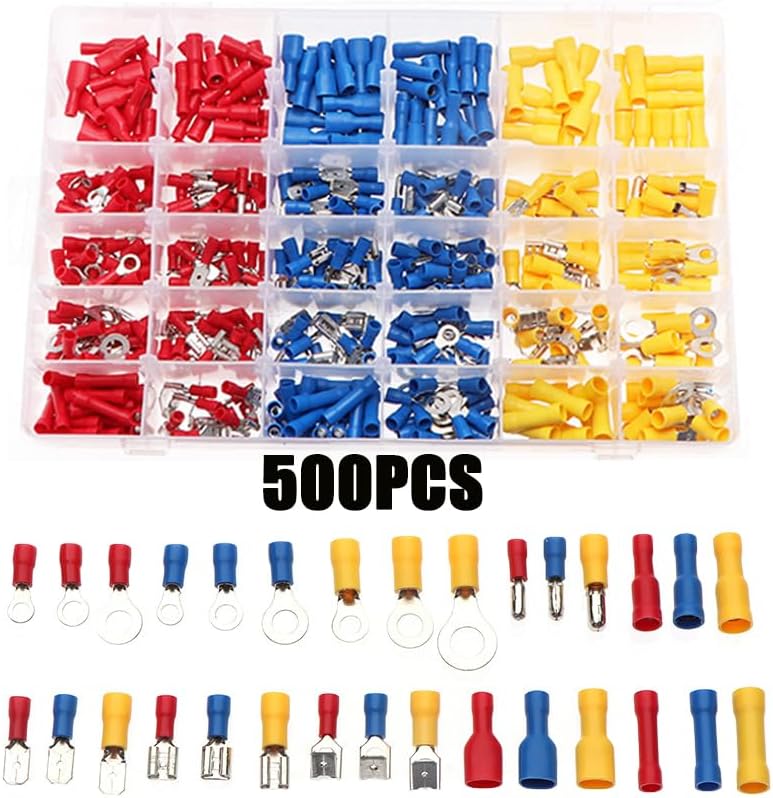 500pcs Assorted Spade Terminals Insulated Cable Terminal Wire Crimp Connector Electrical Wire Butt Ring Fork Connectors