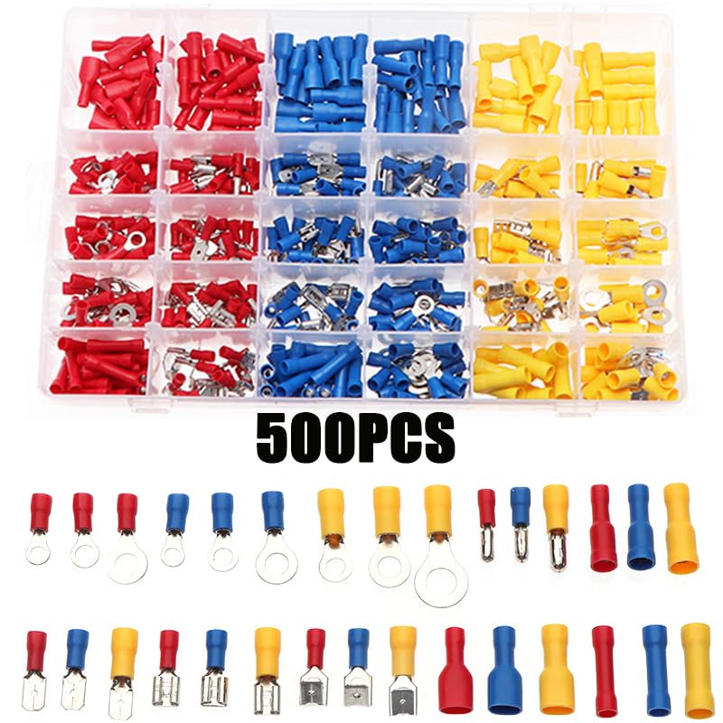 500pcs Assorted Spade Terminals Insulated Cable Terminal Wire Crimp Connector Electrical Wire Butt Ring Fork Connectors VUQLDHAYZ