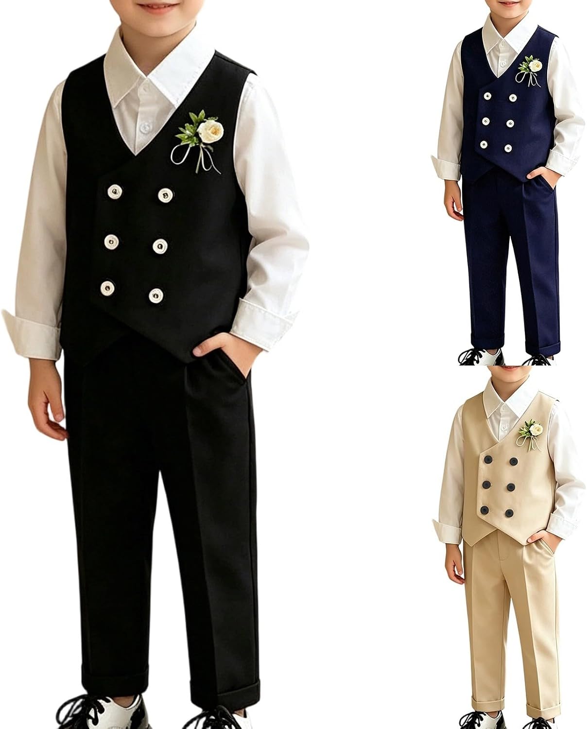 Boys 5 Piece Formal Suit Slim Fit School Uniform Tuxedo Sets Teen Long Sleeve Shirt Button Up Vest Straight Leg Pants