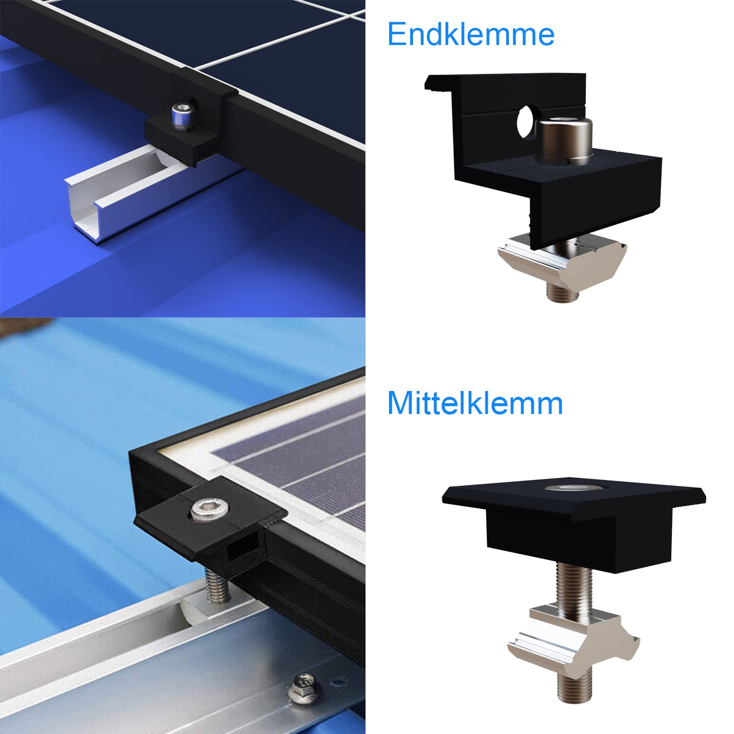 Solar Halterungsset 12cm – Schwarz Eloxiert, Verstellbar Für 30-35mm Rahmen, Perfekt Für Flachdach & Trapezblech – 6 Schienen + Klemmen
