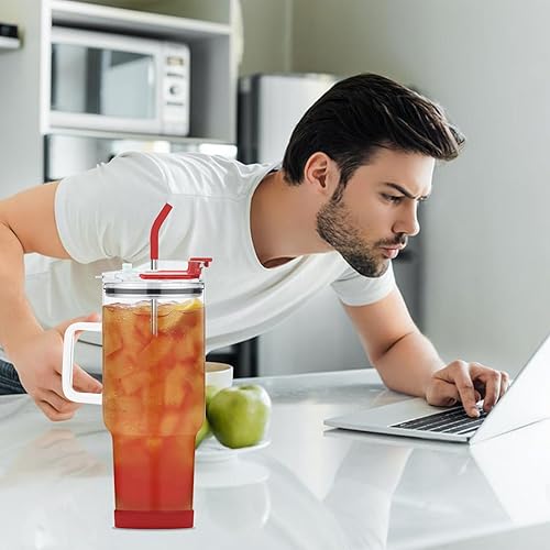 Miniatura 6 de Vaso de vidrio con tapa y popotes, taza de vidrio de 40 onzas con asa, vasos para beber con posavasos de silicona, taza de agua de vidrio, taza de