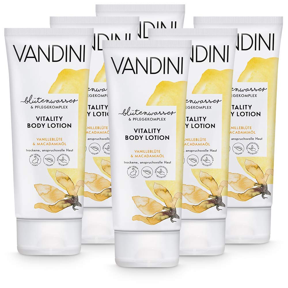 VANDINI Loción corporal revitalizante para mujeres con flor de vainilla y aceite de macadamia - crema para pieles normales a secas - libre de siliconas y parabenos 6x 200 ml