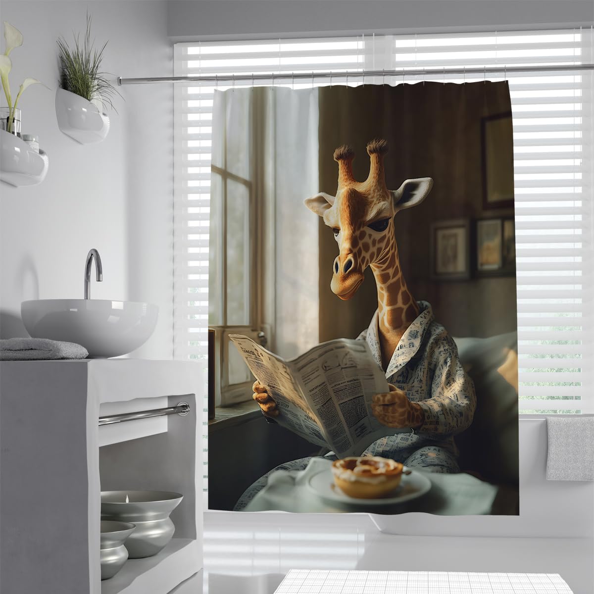 UIRINGART Cute Giraffe Shower Curtain W90xL180cm Water Repellent Mold Resistant Safari Animal Pajamas Breakfast Newspaper Pattern Fabric Bathroom Screen With Hooks Tub Liners