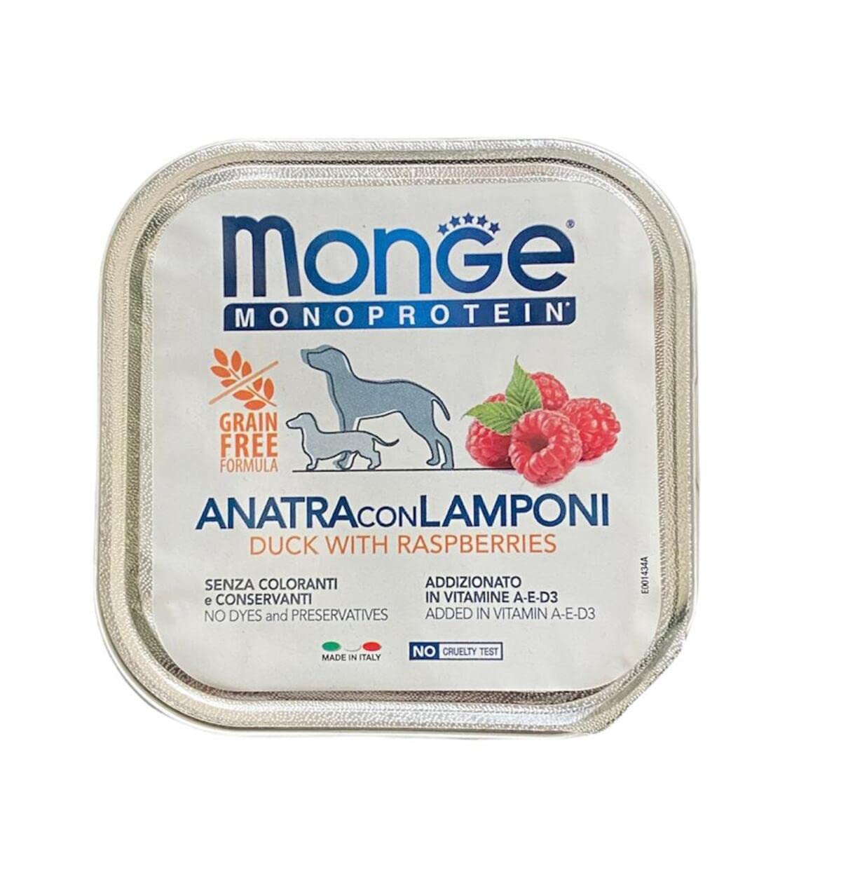 Monge Monoprotein Cibo umido per Cane Anatra con Lamponi, naturalmente senza coloranti, conservanti e zuccheri aggiunti. Confezione da 24 vaschette (1 = 150gr.)