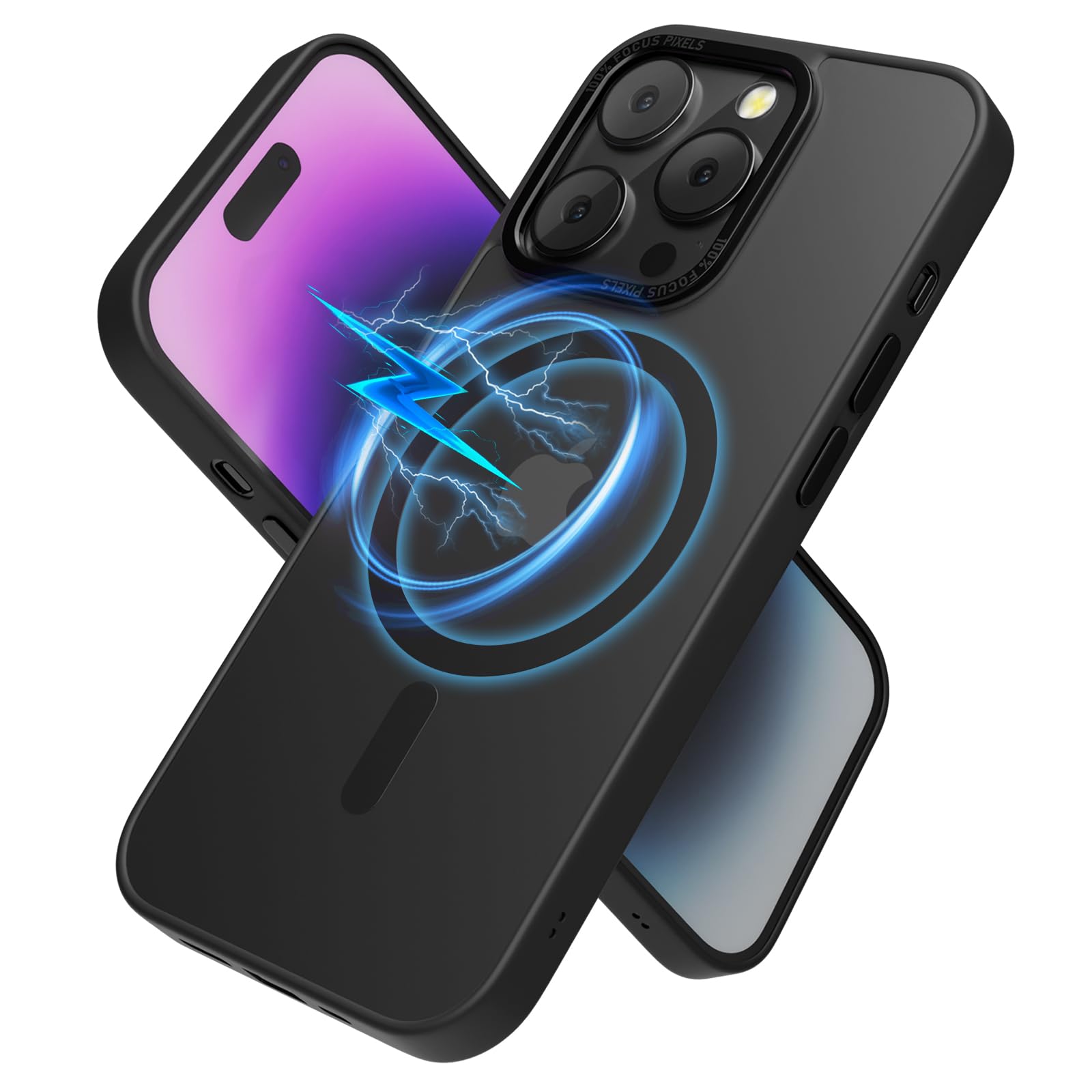 iphone 14 pro ケース【米軍MIL規格・Magsafe対応】iPhone 14 Pro 用 ケース 半透明 マグネット搭載 耐衝撃 黄変防止 耐久性 磁力強い 高速充電速度 ワイヤレス充電 磁気スマホケース アイフォン14Pro用 カバー (ブラック)