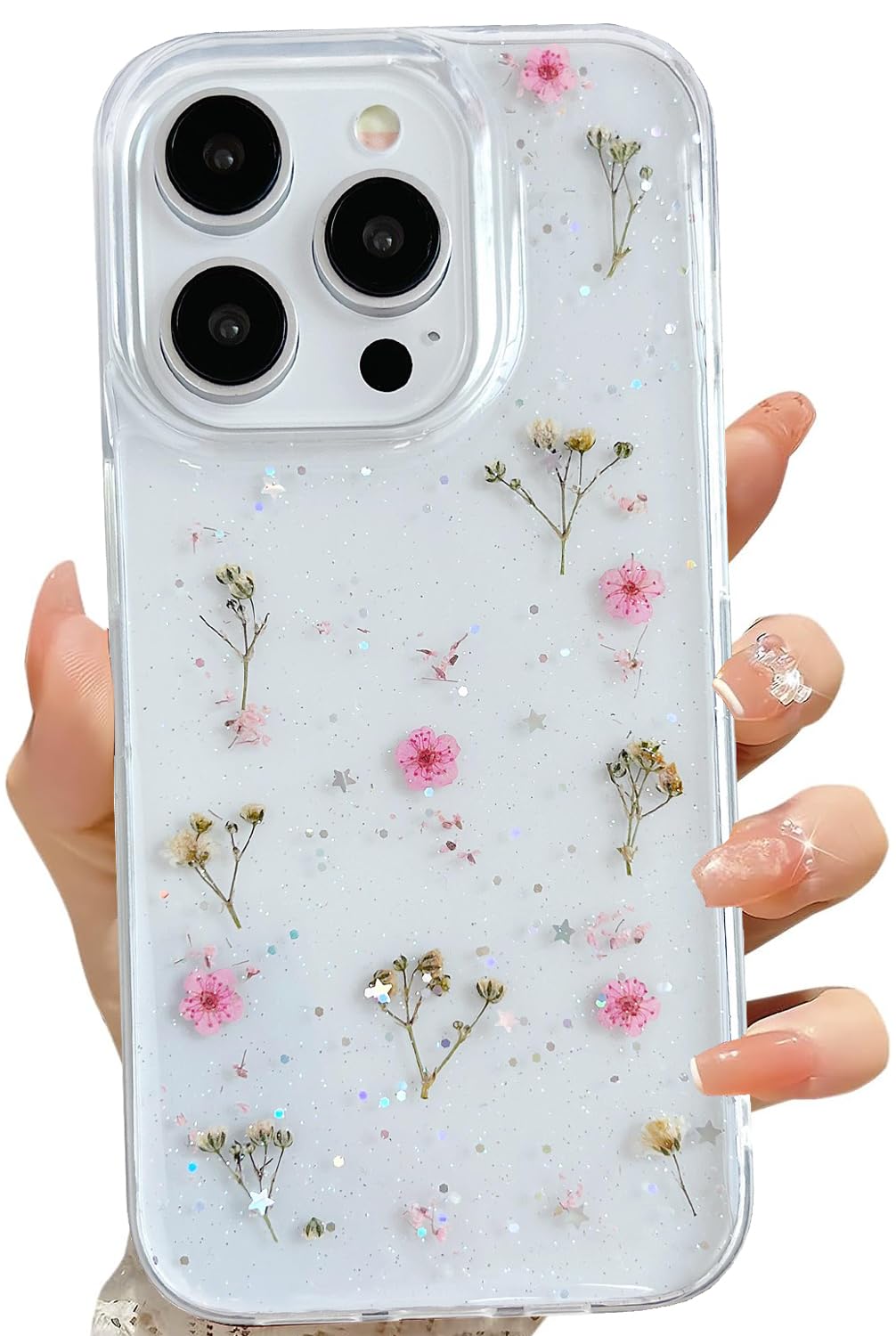 for iPhone 15 Pro Clear Case with Pressed Real Flowers Design,Glitter Cute  Pink Floral Pattern Slim Soft TPU Protective Women Girl's Phone Cover