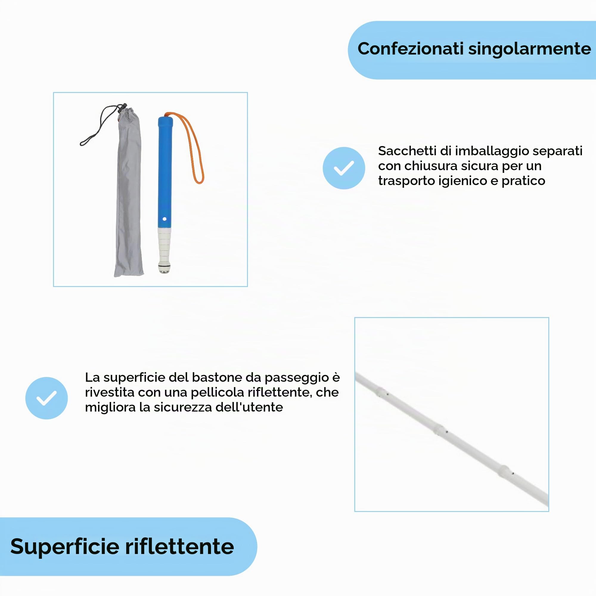 Bastone da passeggio telescopico per ciechi, con custodia, bastone telescopico da 129,5 cm, antiscivolo, antiurto, retrattile, pieghevole, riflettente, per anziani con problemi di vista