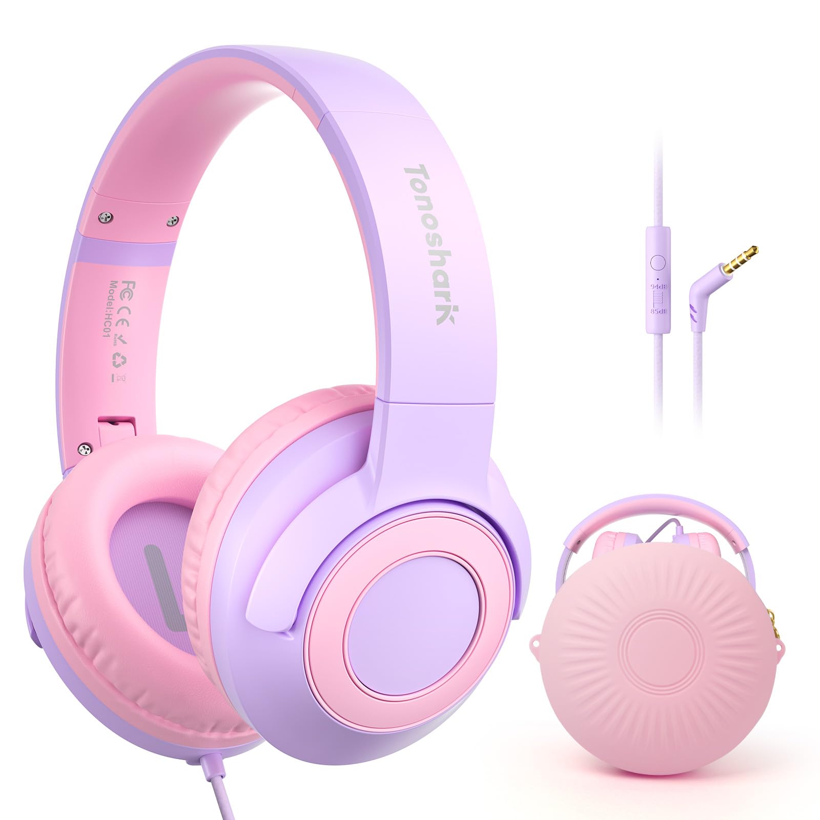 TONOSHARK Casque Audio Enfant Filaire avec Microphone, Volume Limité à 85/94 DB, Casque Prise Jack Enfant, Ecouteurs Filaire, Pliable, pour Ecole/Maison/Voyage – étui Inclus (Violette)