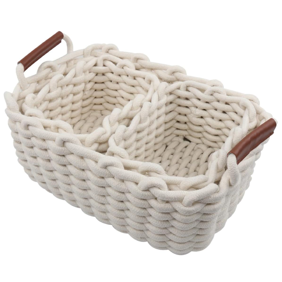 Cesta Portaoggetti Intrecciata in Corda di Cotone Bianca, Set 3 Pezzi | Manico in Cuoio, per Casa e Scaffale, Formato Piccolo e Grande, Adatta a Oggetti Vari