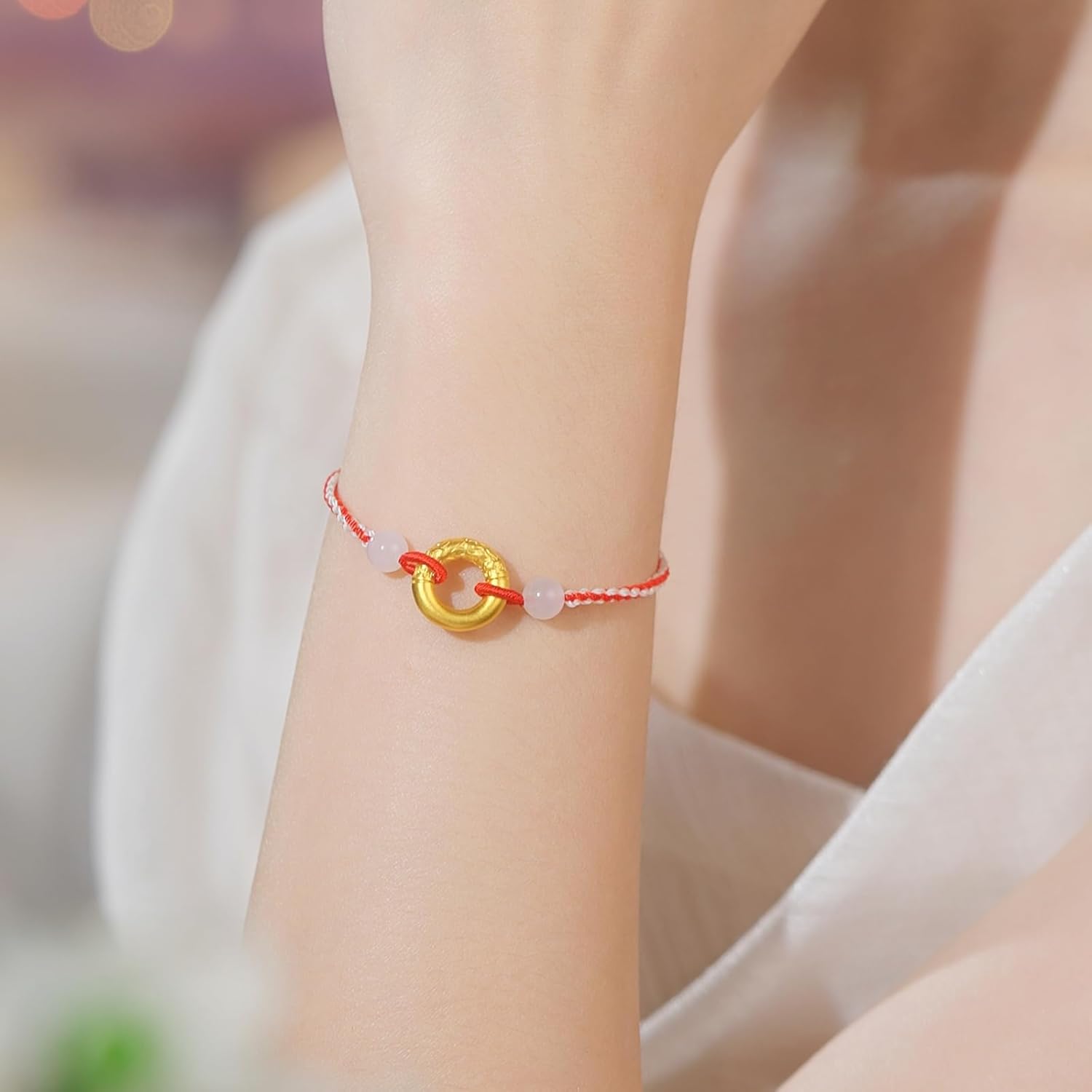 24K Solid Yellow Gold Peace Buckle Blessing Bracelet White Jade Bracelet for Women Adjustable Red Braided Bracelet Birthday Aniversary 6.3-7.5inch/16+3cm Y1714634
