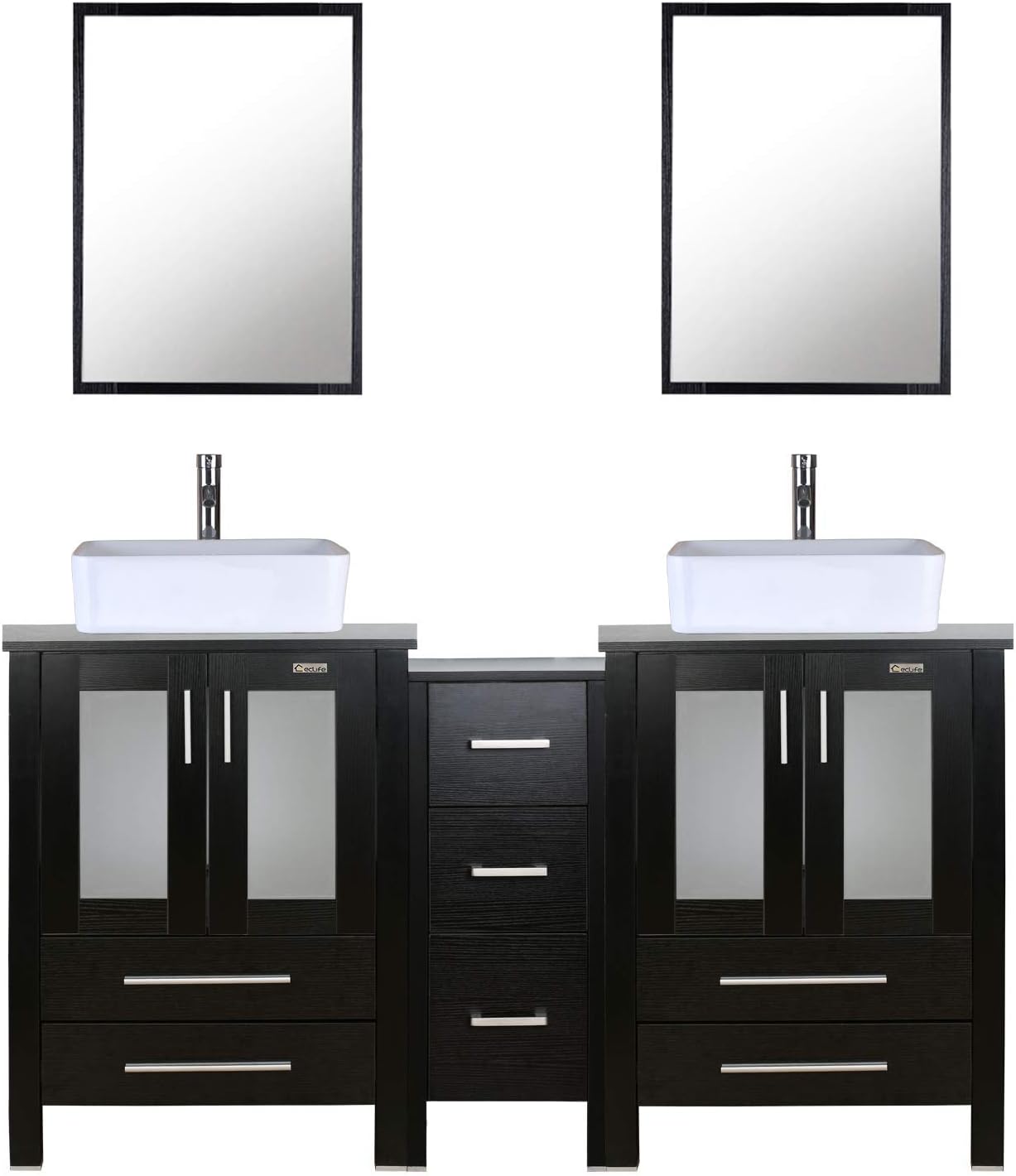 eclife 60" Bathroom Vanity Sink Combo Black W/Side Cabinet Set Rectangle White Ceramic Vessel Sink & Chrome Water Save Faucet & Solid Brass Pop Up Drain, W/Mirrors (T03 2B02)