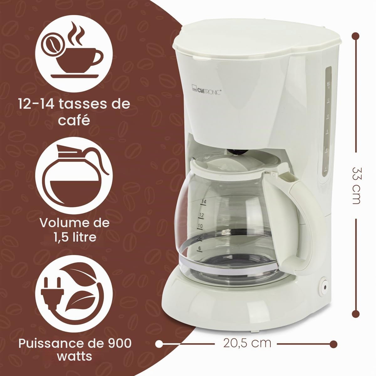 Clatronic, Machine a Café, Cafetiere, Expresso, Cafetière filtre électrique 12-14 Tasses capacité env. 1,5 L, système anti-goutte, Blanche, 900 watts, KA 3473