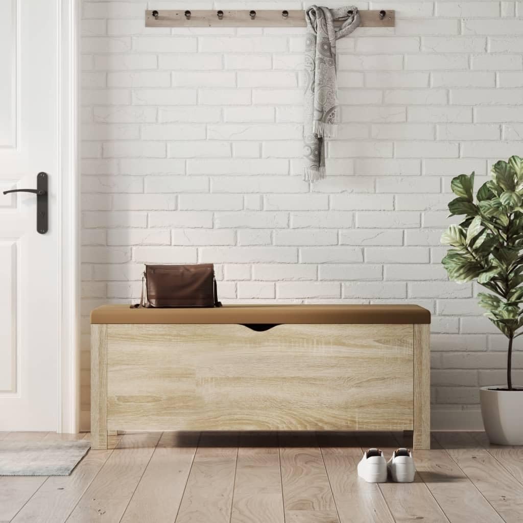 BOWERY HILL Engineered Wood Storage Box, Sonoma Oak Finish, Faux Leather Cushion, Rectangular Design, 41.3 x 15.7 x 17.7 in, Indoor Living Room Bench with Hidden Storage for Entryway, Bedroom, or
