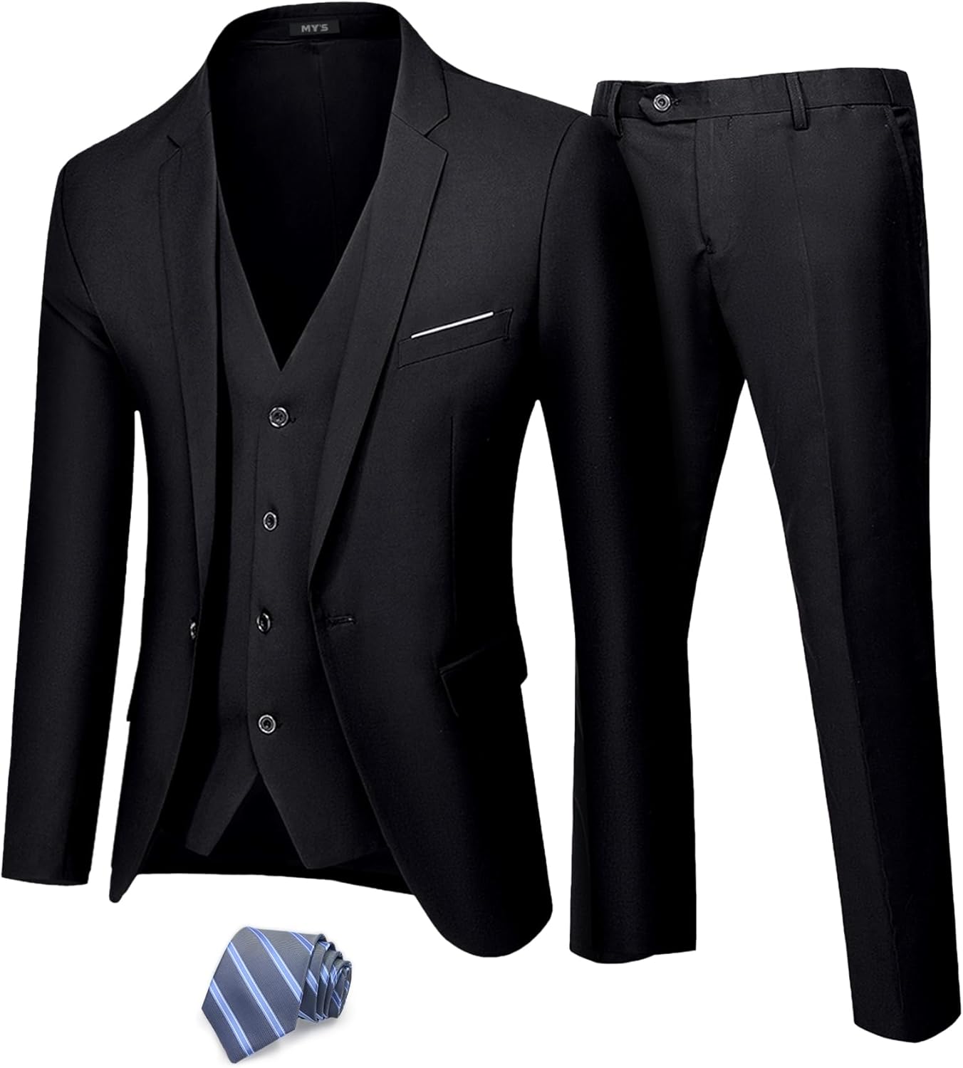MY'S Men's 3 Piece Suit Set with Tie, One Button Slim Fit Jacket Vest & Pants, Party Wedding Prom Blazer Waistcoat & Trousers