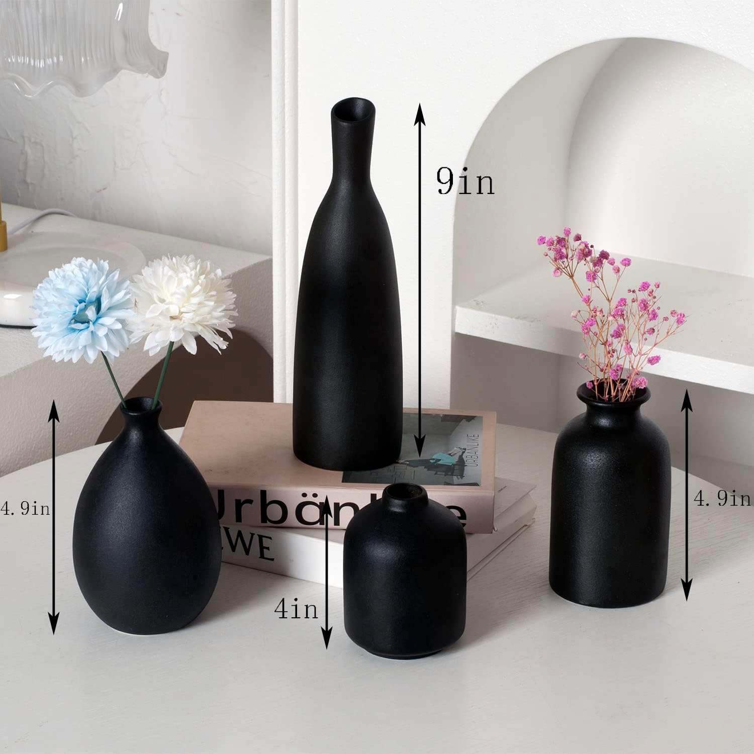 Black Ceramic Vase Set of 4, Classic Matte Vases Home Decorations for Table Shelf Office Decor (Black) - Image 4