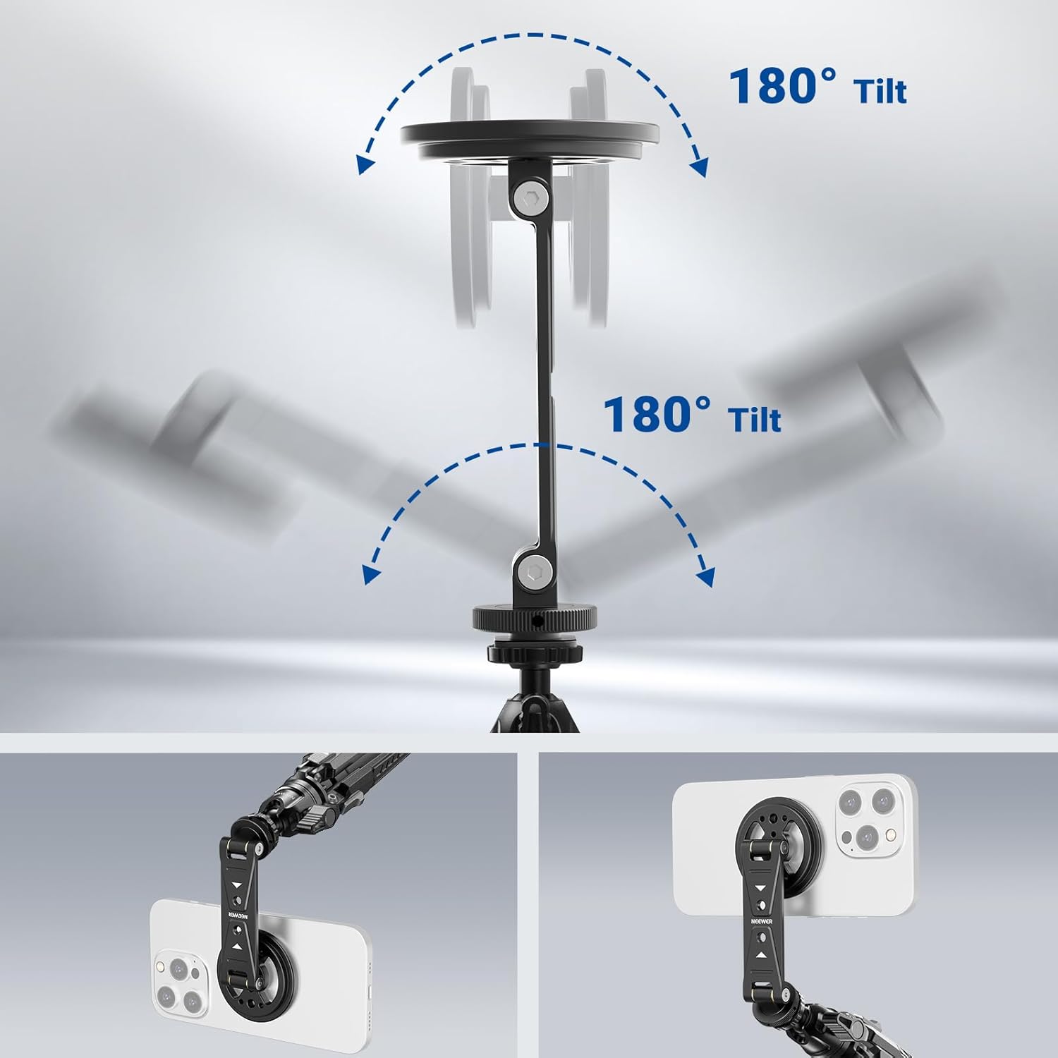 NEEWER Magnetic Phone Tripod Mount Compatible with MagSafe iPhone Samsung, Metal Adjustable Rotatable Cellphone Holder Adapter w/Cold Shoe for Tripod Mounting Camera Monitoring Video Recording, DS031
