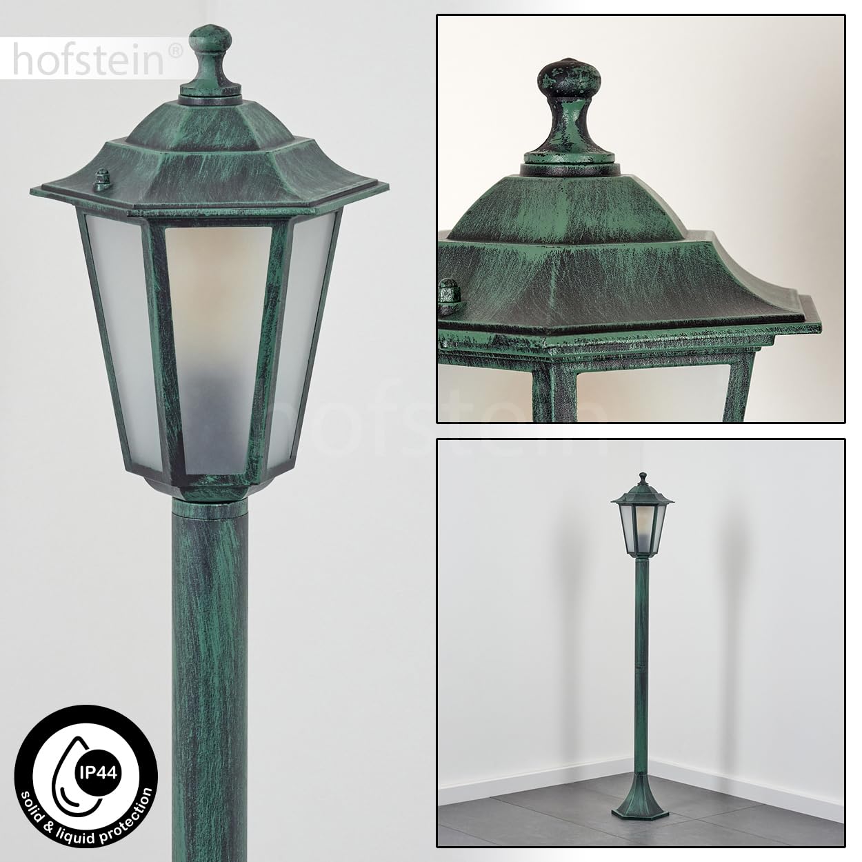 HOFSTEIN Lampa zewnętrzna Loria, oświetlenie ścieżki z metalu/szkła w kolorze zielono-czarnym/białym, lampa zewnętrzna o wyglądzie antycznym, 99 cm, lampa ogrodowa, oświetlenie ogrodowe IP44, 1 x E27,