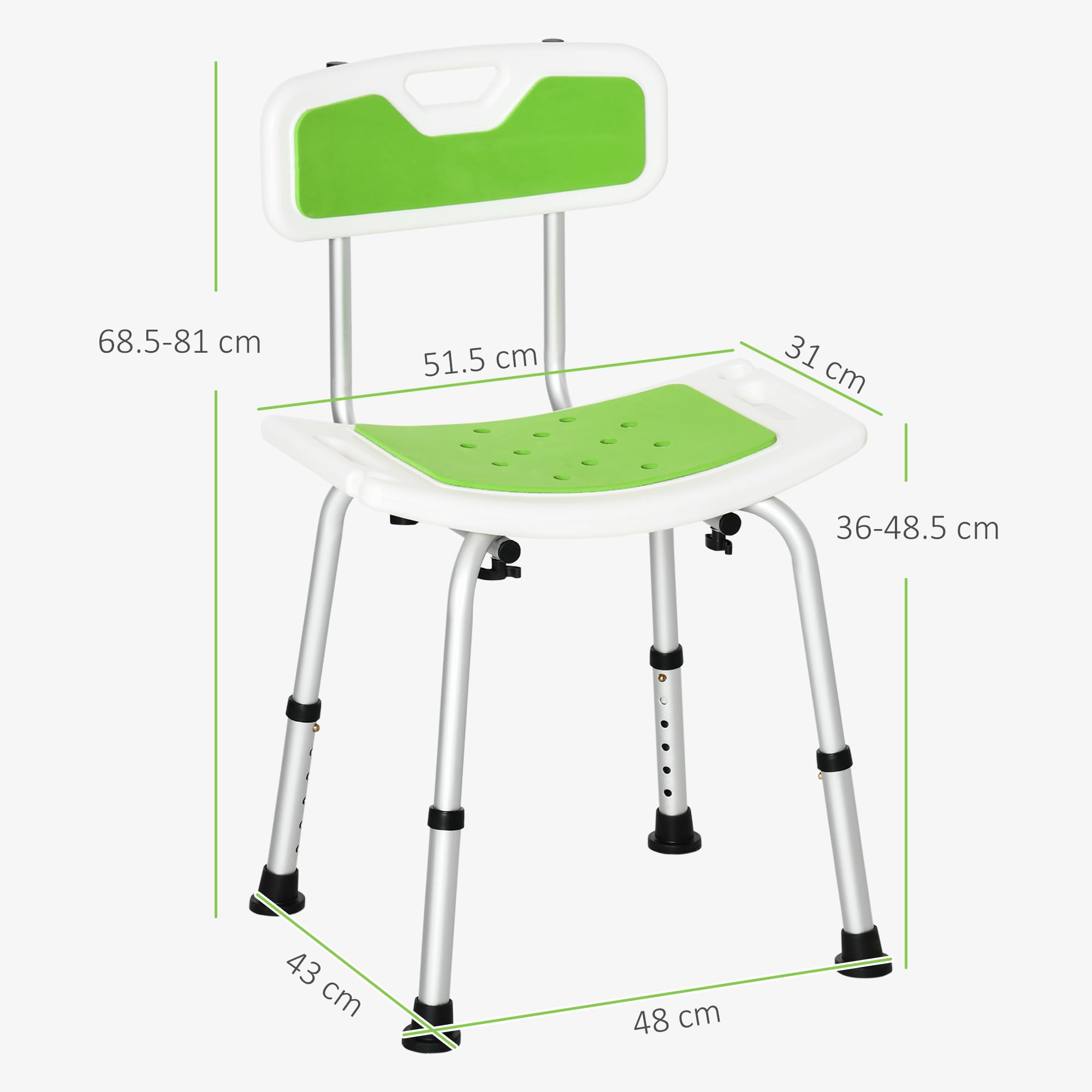 HOMCOM Sedia per Doccia in Alluminio ed EVA con Altezza Regolabile su 6 Livelli e Schienale Ricurvo, 51.5x49.5x68.5-81 cm, Verde e Bianco