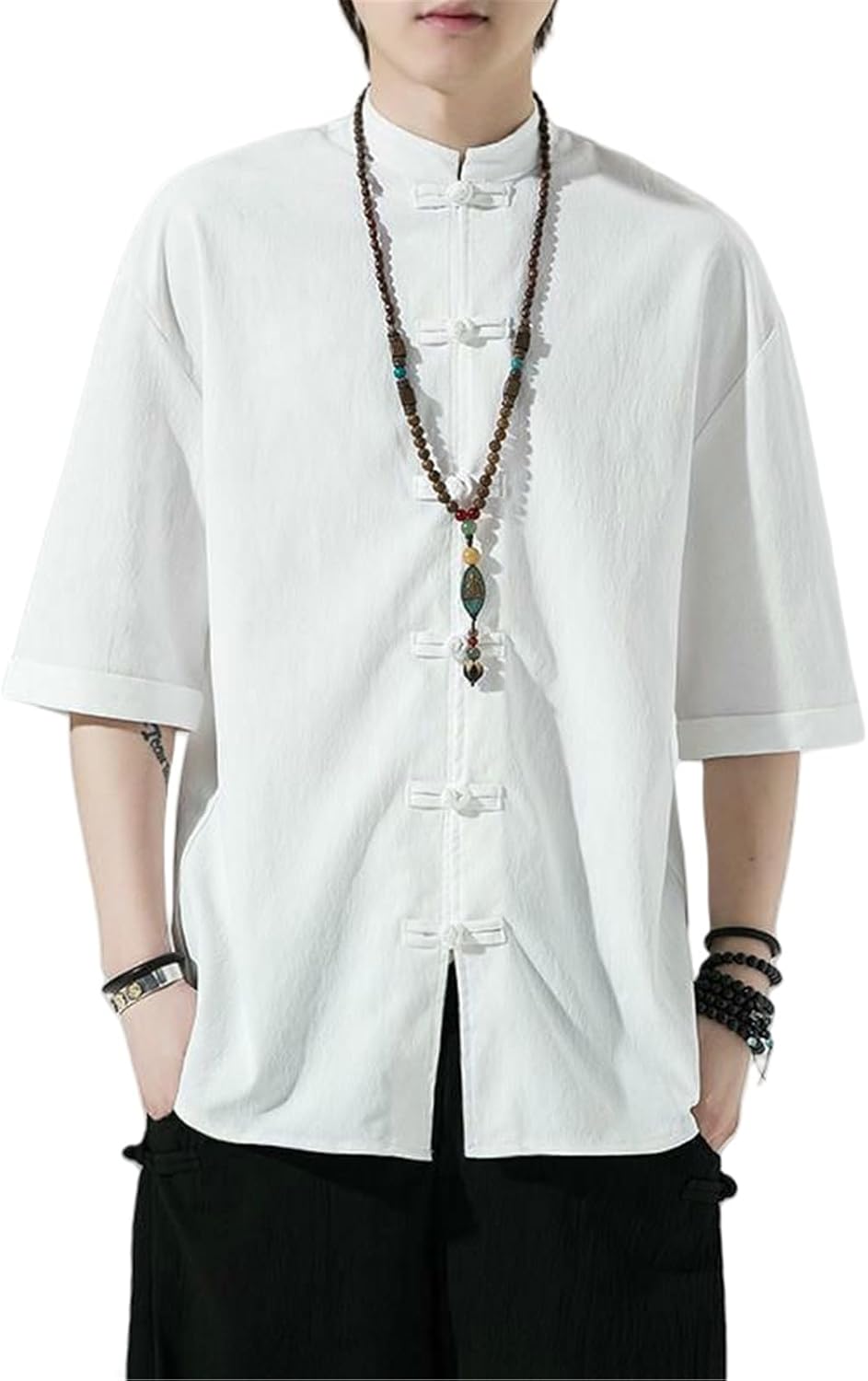 Men's Summer Chinese Style Hanfu Tang Suit Cotton Linen Frog Button Short Sleeve Shirt Retro Style