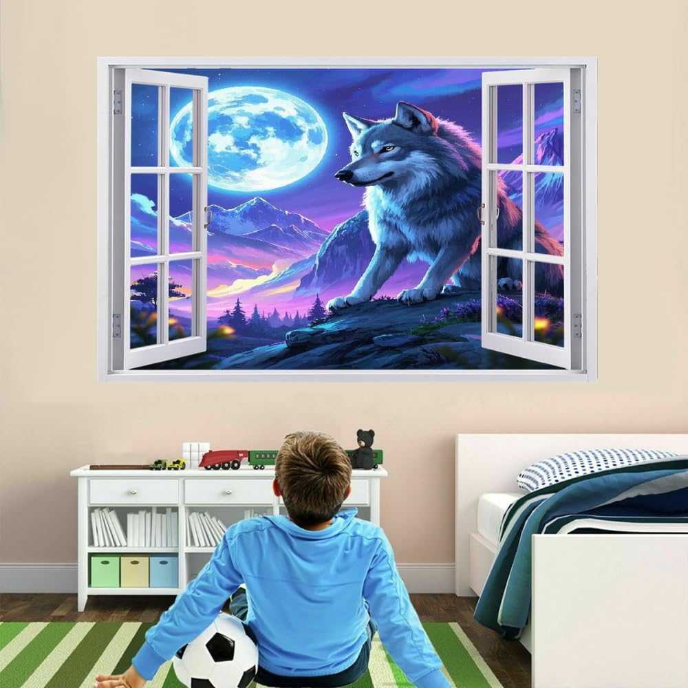 Wandtattoo Aufkleber Wandbild Wolfsmond Mauerloch 3D Durchbruch Effekt Wandsticker Nachtlandschaft Wandaufkleber Wanddeko fürs Wohnung Wohnzimmer Schlafzimmer Bad Kinderzimmer Tapeten Deko