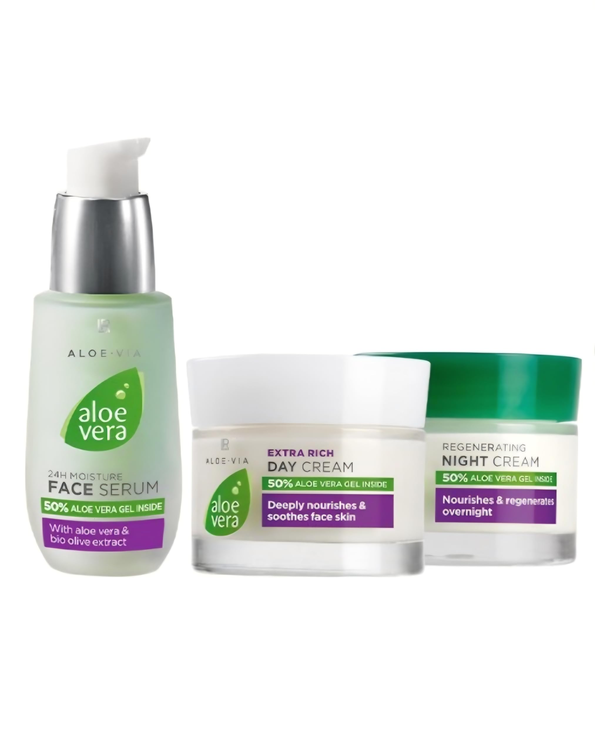 Aloe Vera Gesichtspflege-Set – 3-teiliges Set für Feuchtigkeit & Regeneration | Tagescreme, Nachtcreme & Gesichtsserum | Mit 50% Aloe Vera Blattgel & Bio-Olivenextrakt