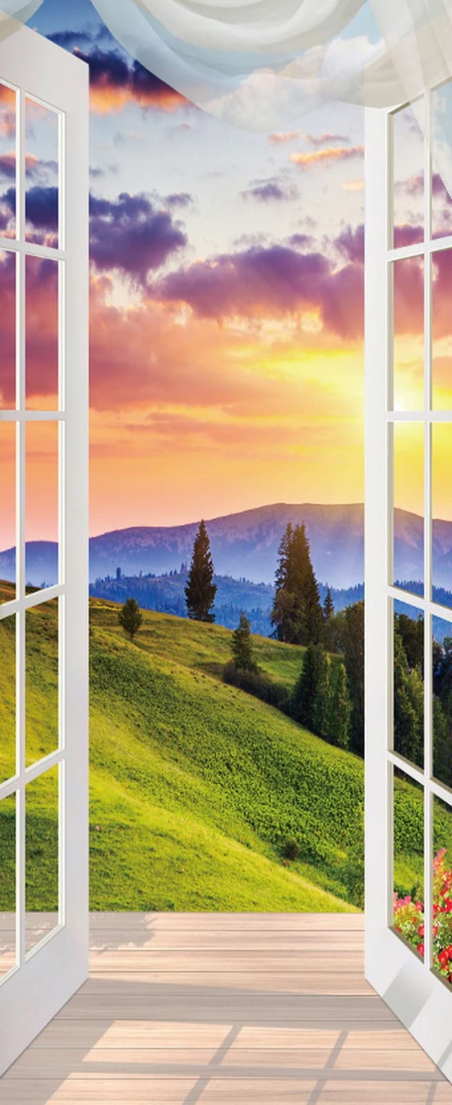 A.Monamour 3D Door Stickers for Interior Doors Open Window with Mountain Landscape at Sunset Vinyl Removable Self Adhesive Door Poster Wallpaper Mural Decals for Bedroom Office Bathroom 95 x 215 cm