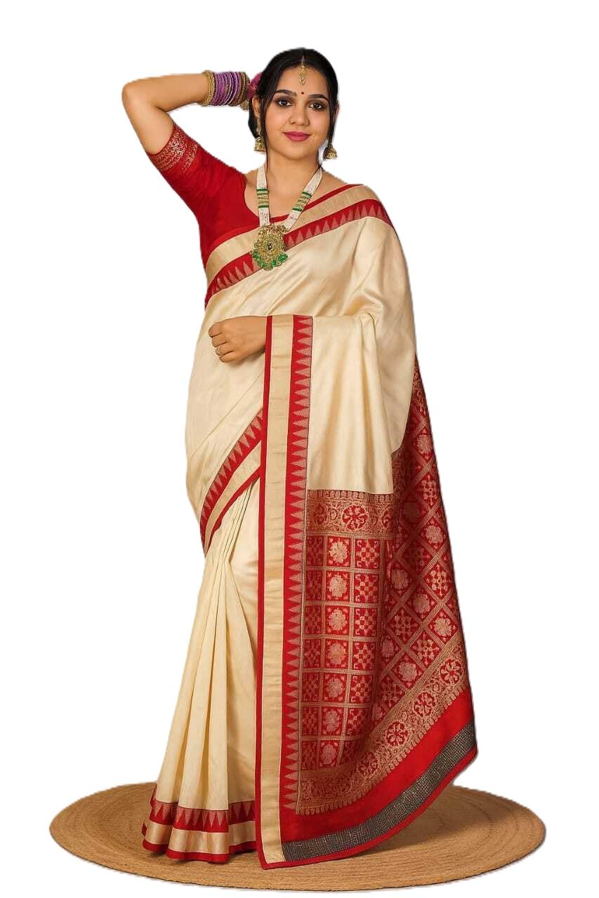 new collection White Cream Saree for Women Girls Plain Odisha Handloom Sambalpuri Ethnic Kanjivaram Tussar Silk Banarasi Saree Temple Border Casual Summer Design Orissa Sari Red Blouse Piece-picture-31