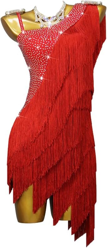 Womens Professional Latin Dance Dress Fringe Ballroom Cha Cha Competition Dancewear Shiny Dress for Rumba