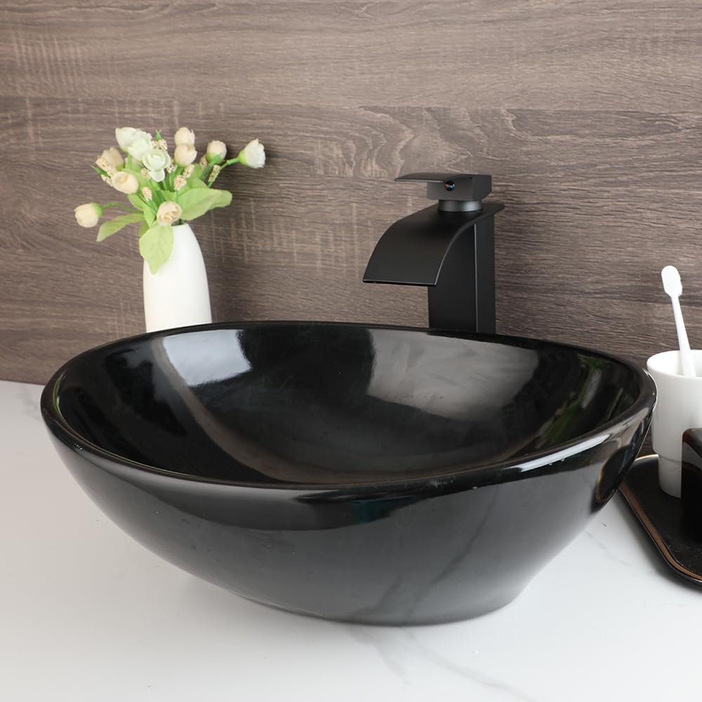 MINIFOUCET Oval Bathroom Vessel Sink with Mixer Tap, Matte Black Ceramic Sink Wash Basin Above Counter Bathroom Vanity Sink Bowl with Waterfall Faucet and Pop-up Drain Combo