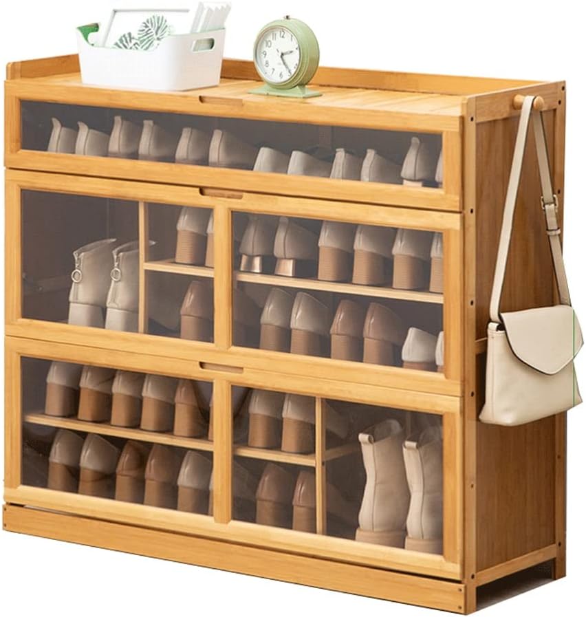 シューズラック玄関用シューズラックミニ小型靴キャビネット木製シューズラックオーガナイザーフック付き5段透明フリップドアシューズラック