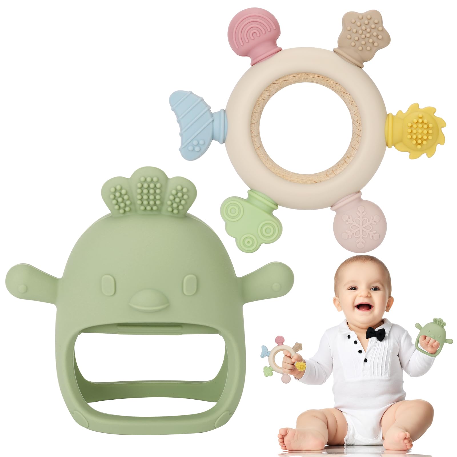 Socub 2 Pack Baby Teething Toys for Babies 0-6 Months, Silicone Teething Mitten and Wooden Ring Toy for Babies 6-12 Months, No Drop Teether Mitten and