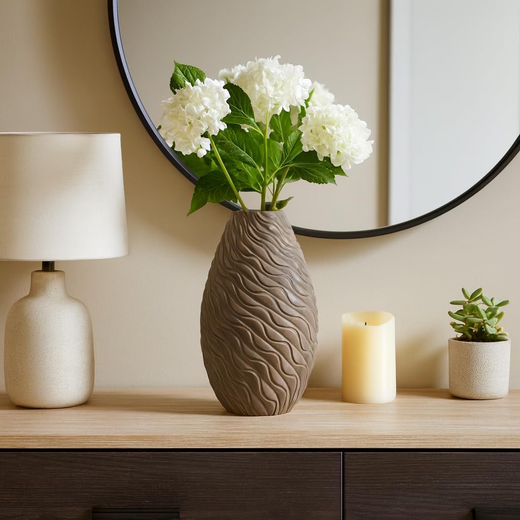 Tall Wavy Textured Vase for Living Room Decor - Decorative Sculptural Home Accent for Bedroom, Office, and Table Display - Modern Flower Vase for House Entryway or Floor Styling - 14", Brown