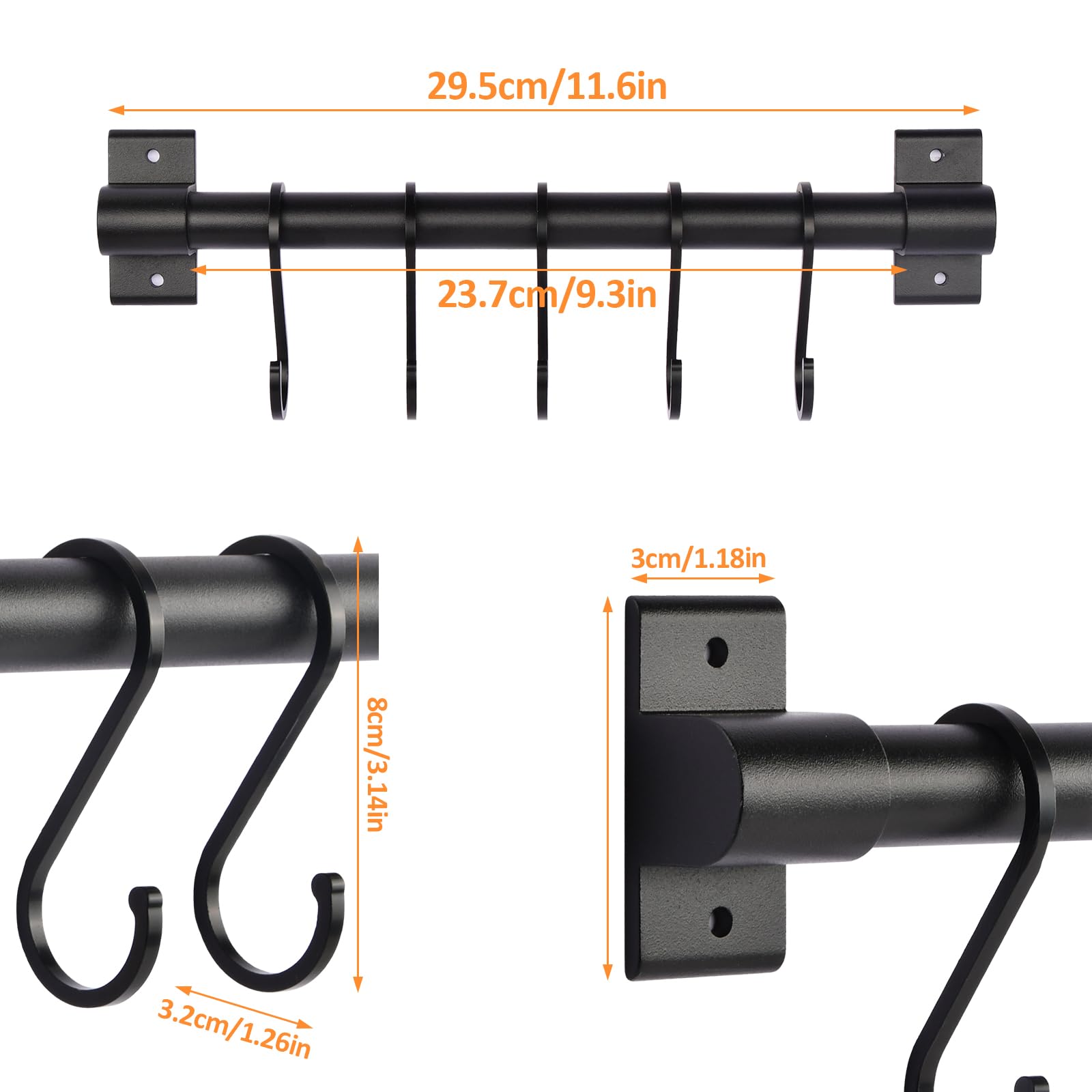 volumoon Barra Colgador de Utensilios Cocina, Barra para Colgar Utensilios con 5 Ganchos, Negro