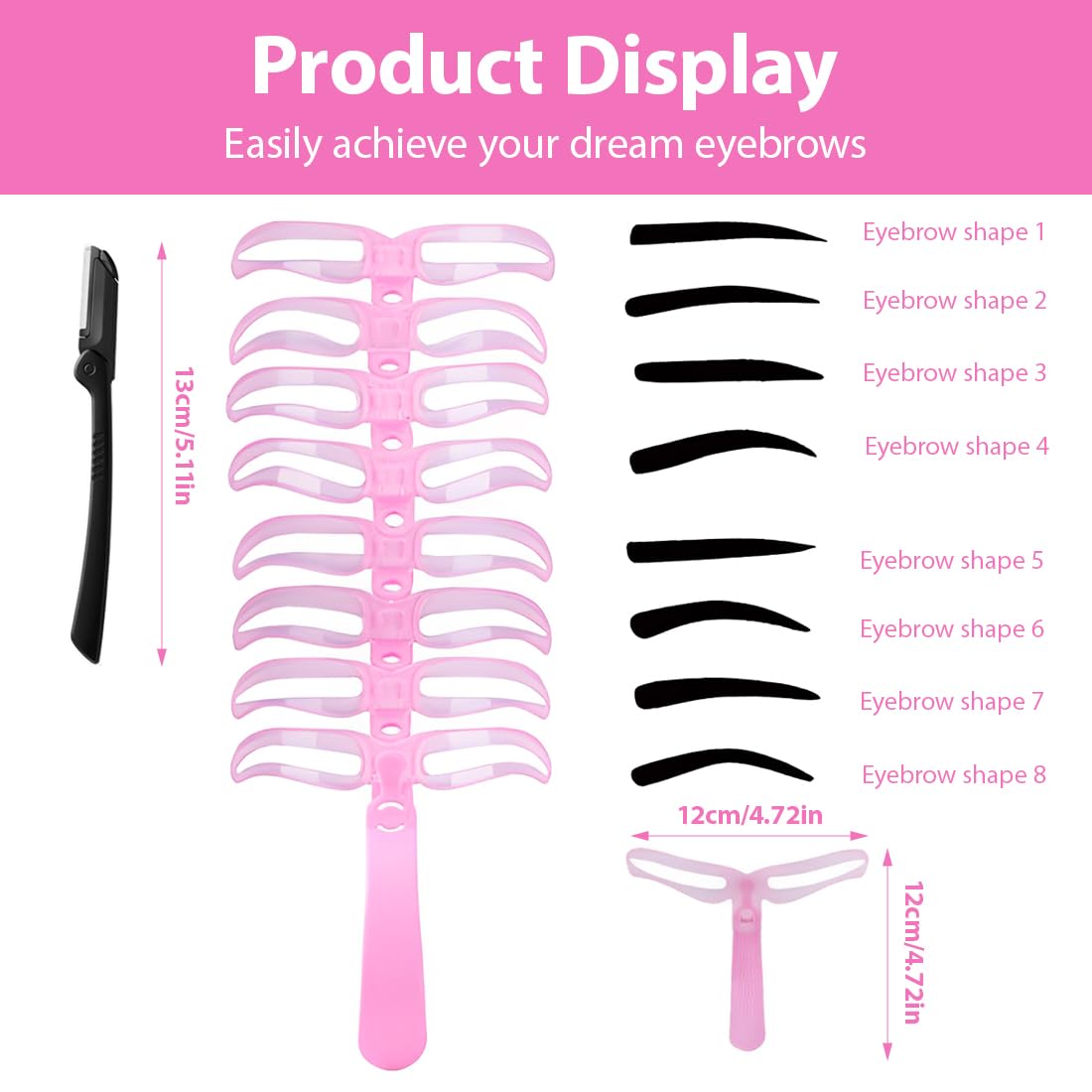 GXGM Stencil Sopracciglia Kit Timbri Sopracciglia 8 Stencil per Sopracciglia per Principianti Riutilizzabili e 1 Rasoio per Sopracciglia, Rosa