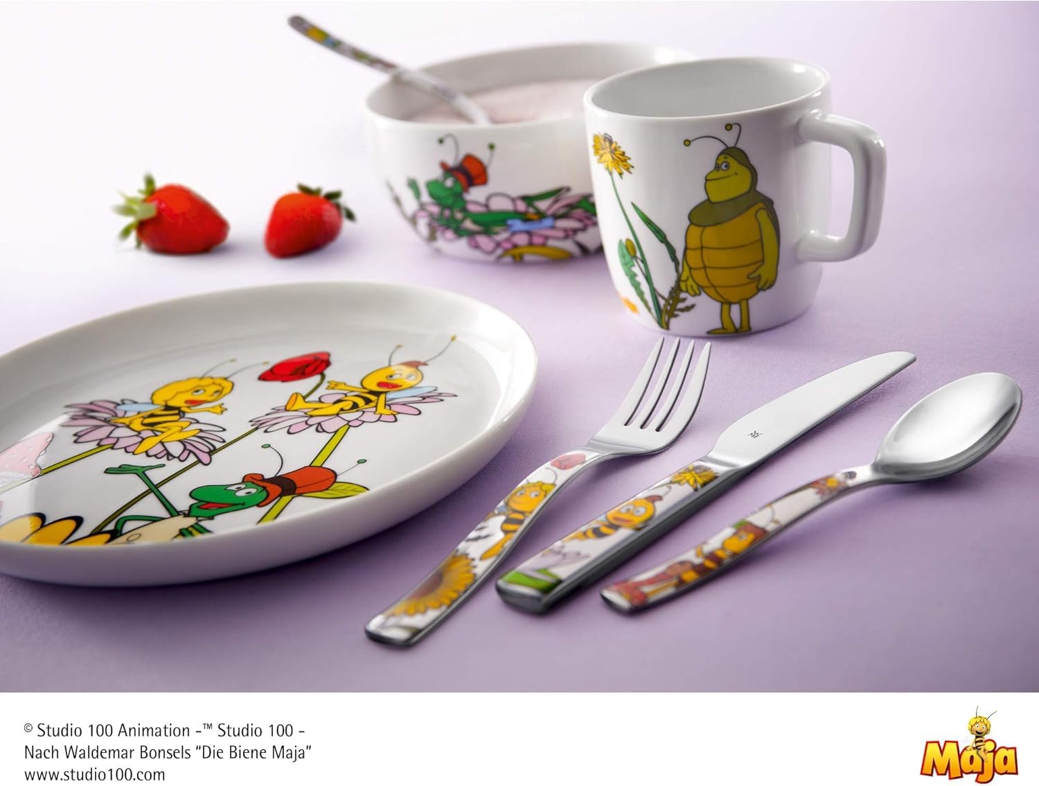 WMF Kindergeschirr Set Biene Maja 6-teilig mit Gravur – Personalisiertes Kindergeschirr mit Namen – Porzellan Teller & Schale mit Kinderbesteck – Geschenk für Mädchen und Jungen ab 3 Jahre