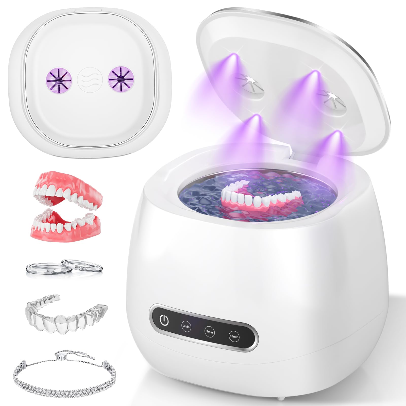 Máquina limpiadora ultrasónica recargable, 45 kHz, cápsula de limpieza dental portátil para dentaduras postizas, protectores nocturnos, aparatos ortopédicos, alineador, cepillo de dientes, joyas, 3