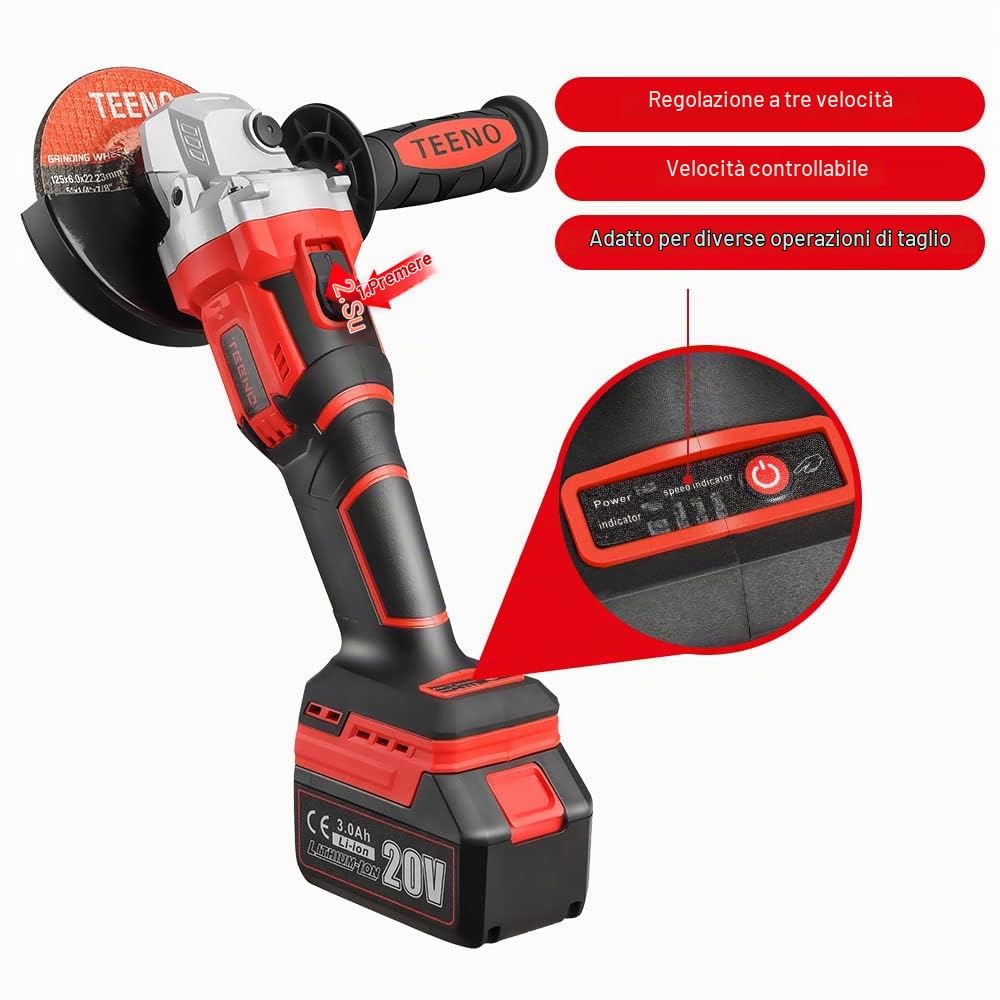 TEENO Smerigliatrice angolare a batteria da 125 mm, senza spazzole,2 batterie da 3,0 Ah,smerigliatrice angolare da 9800 giri/min con dischi da taglio