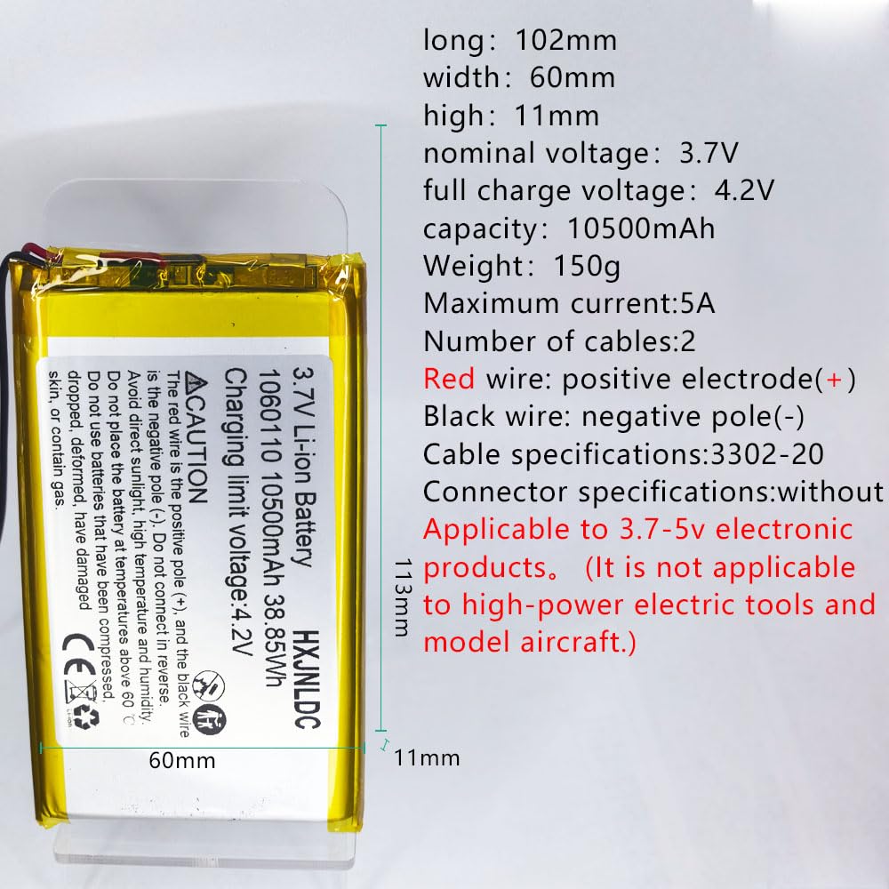 DC 3,7v 10500mah 1060110 Batterie au Lithium polymère Rechargeable pour DIY 3.7-5v Produits électroniques avec 2 Fils intégrés de Remplacement de la Batterie et de la lumière LED