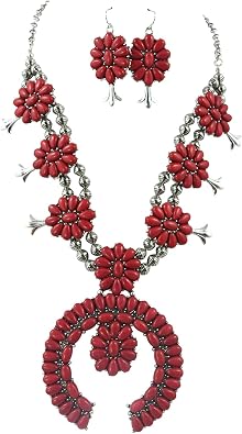 Southwestern Style Round Naja Red Squash Blossom Statement Necklace and Earrings Set