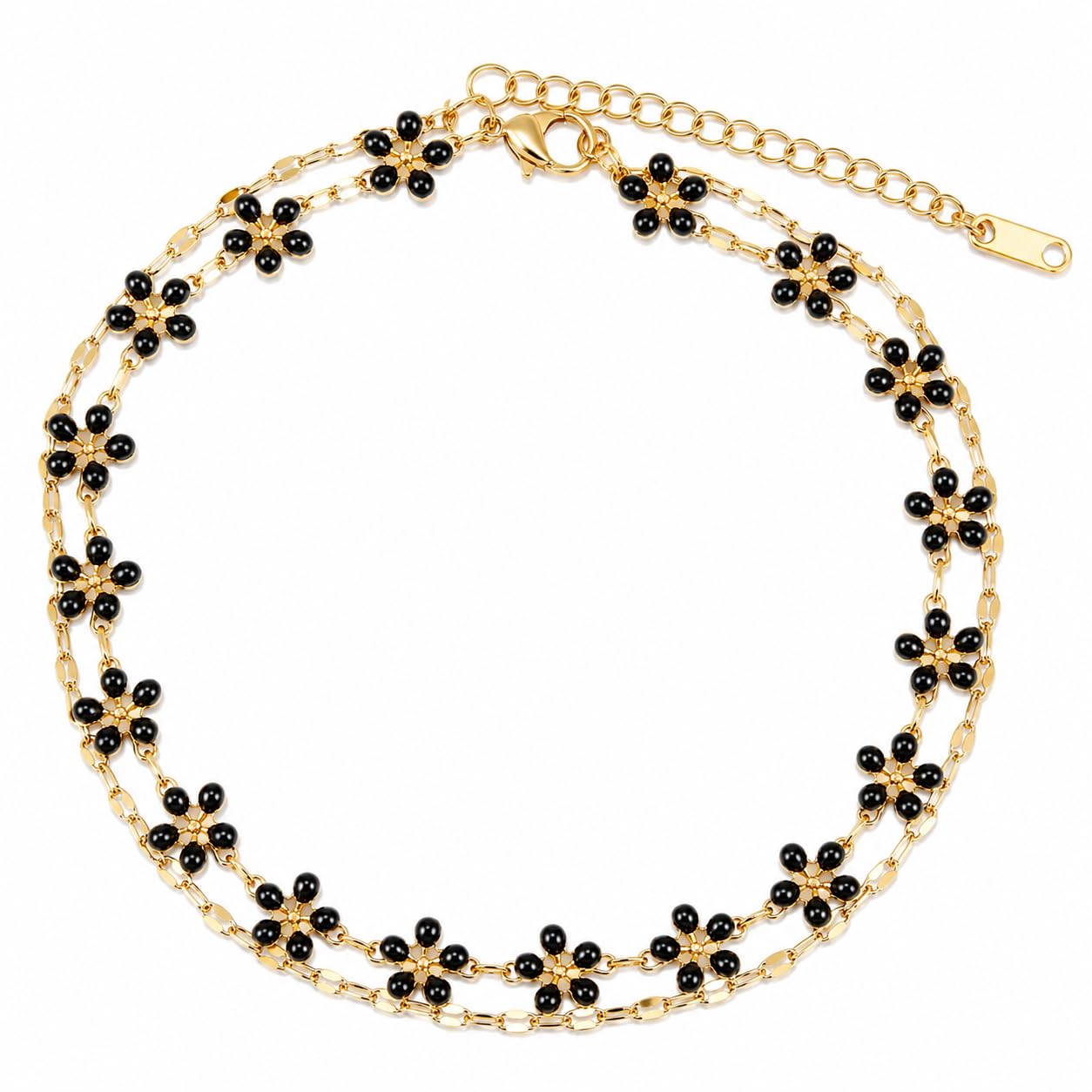 18K Gold Plated Stylish Chain Bracelet for Women & Girls | Trendy Unique Diamond Tennis Charm Link Tulip Everyday Instagram Viral Jewellery (Black Flower)
