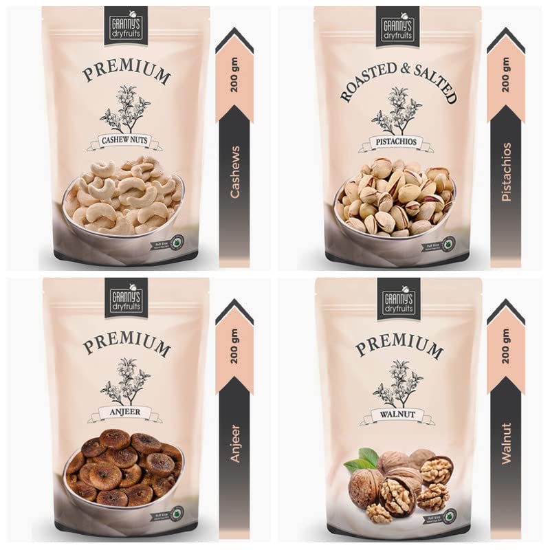 Granny's Dryfruits |Pista Cashew Walnut Fig|Fresh And Healthy Premium Raw Nut|Dry Fruits Combo Packjar Pack(200G X 4)800Gm|Value Pack