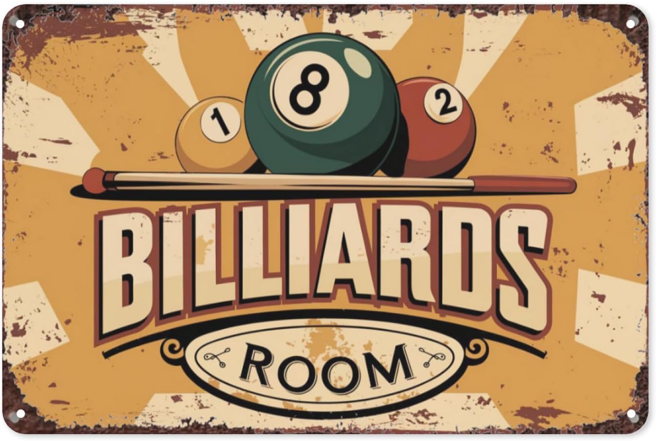 SMAZDFXX Billiards Room Billiards Pool Table Vintage Tin Sign, Retro Metal Wall Decor for Game Room, Man Cave, or Bar, Classic Billiard Theme Wall Art Poster for Players 12"x16"