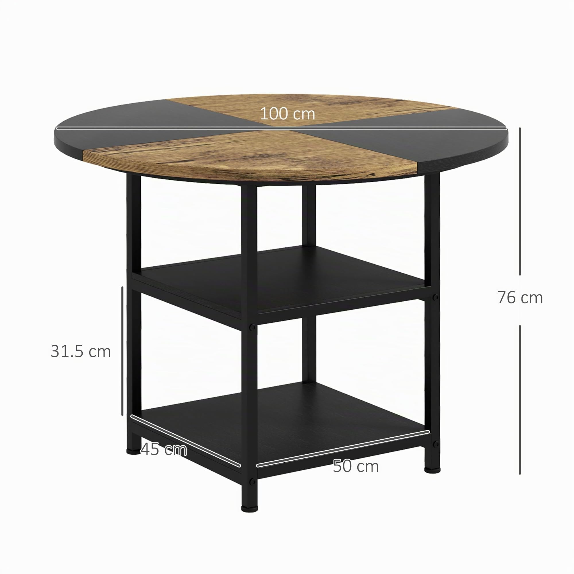 HOMCOM Tavolo Stile Industriale per 4-6 Persone Ø100x76 cm Nero e Marrone | 2 Ripiani Integrati, Tavolo Rotondo da Pranzo Multiuso, Acciaio e MDF