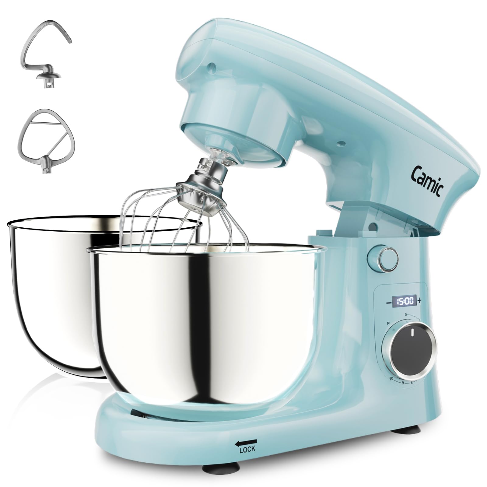 Camic Küchenmaschine mit LED-Display, Zeit Einstellen, Knetmaschine mit Rührhaken, Knethaken, Schlagbesen, 10 Stufen, 2 Edelstahlschüsseln 4L+5L, für Teig, Brot, Pizza, Kuchen
