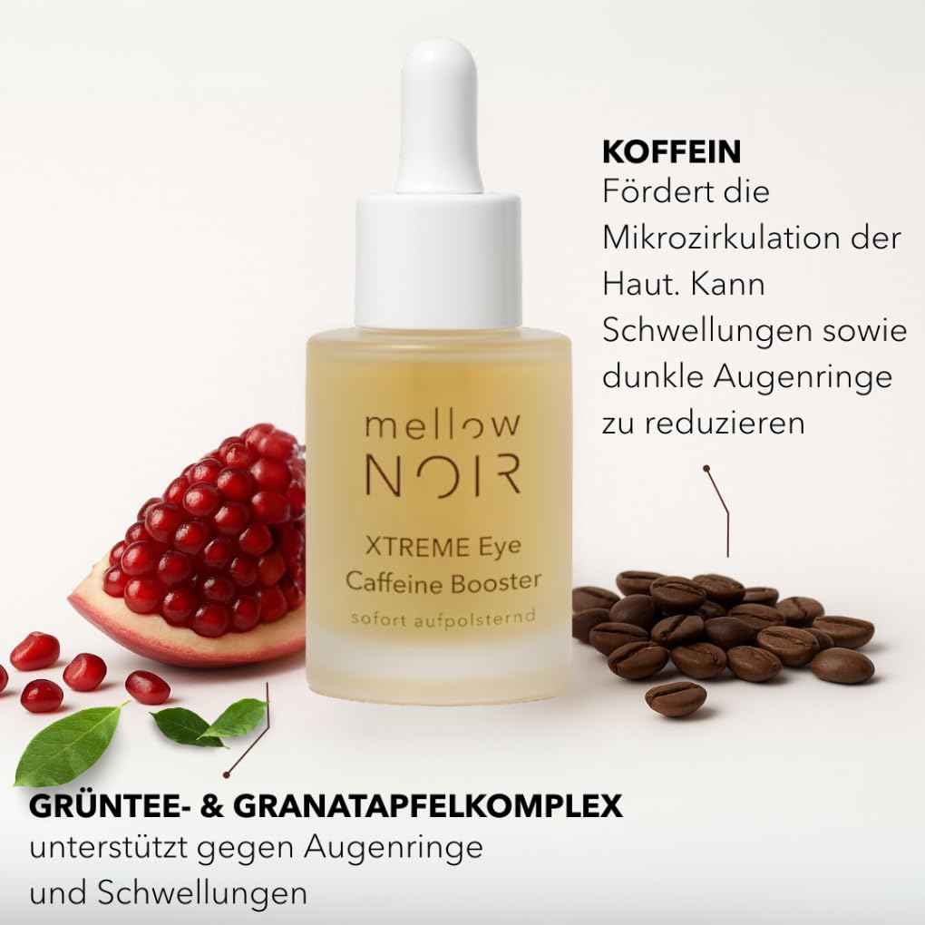 mellow NOIR XTREME Eye Caffeine Booster 15ml - SOFORT AUFPOLSTERND – Augenserum mit Koffein für müde geschwollene Augen – gegen Augenringe und Tränensäcke - Vegan - Zertifizierte Naturkosmetik