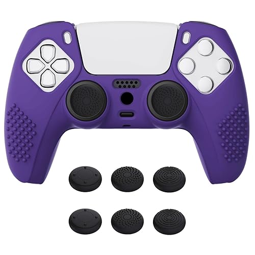 Miniatura 31 de eXtremeRate PlayVital - Funda de silicona antideslizante para controlador PS5, color morado malva 3D, con 6 tapas blancas de agarre para el pulgar