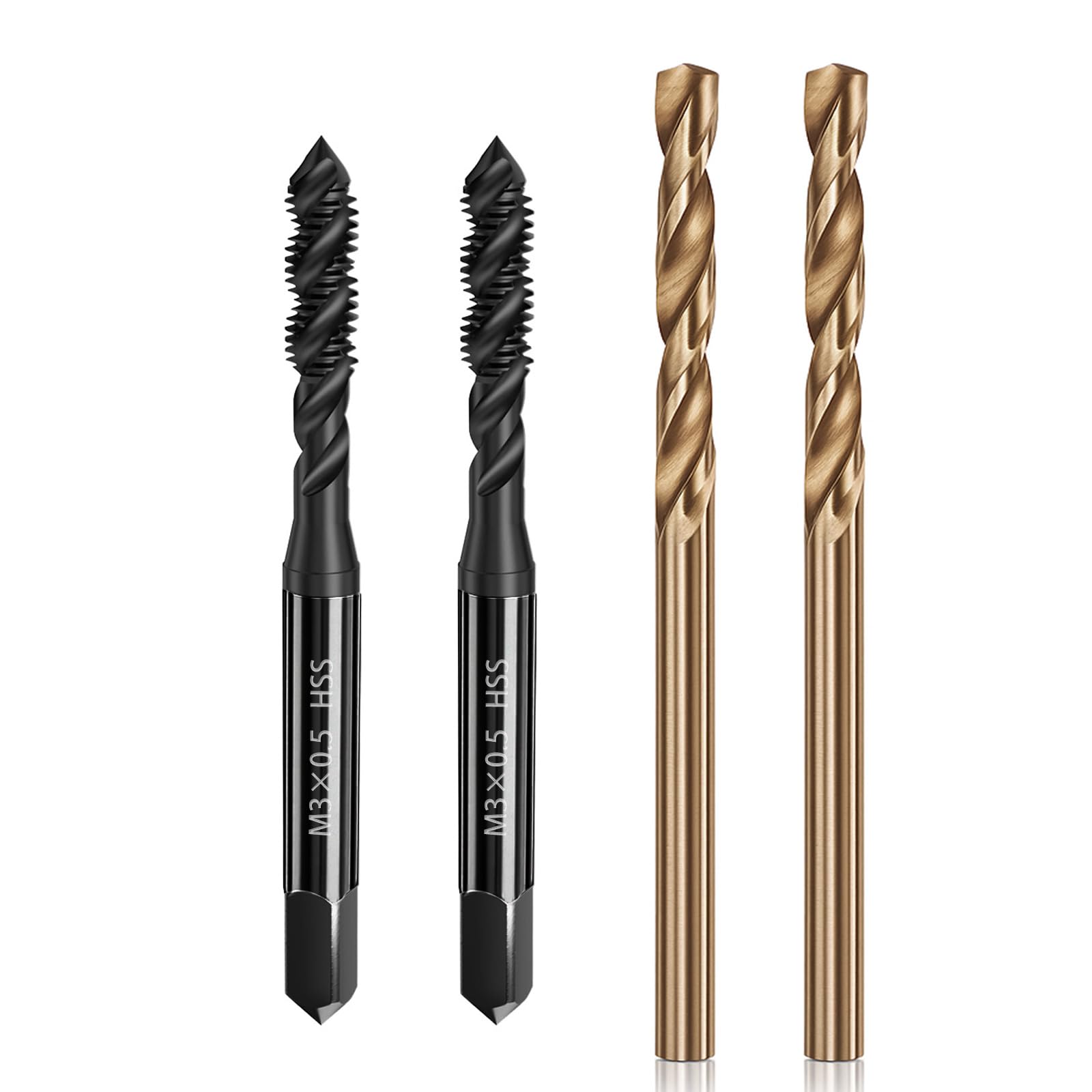 Saipe Metric Tap and Drill Bit Set, 2Pcs M3×0.5 HSS 6542 Spiral Flute Thread Tap and 2pcs 2.5mm M35 HSS Twist Drill Bit Cobalt Drill Bit Set, Machine